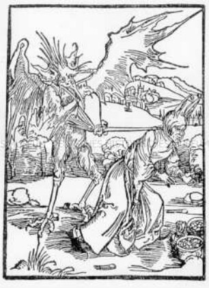 Vom Schatzfinden (Teufel und Schatzsucher mit Narrenkappe) - Illustration aus Brant/Narrenschiff