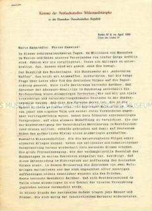 Offener Brief des Komitees der Antifaschistischen Widerstandskämpfer der DDR an die Kameraden in der Bundesrepublik