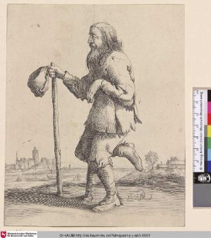[Ein Bettler mit einem Holzbein; A male beggar with a wooden leg at centre, seen in profile to left, a river and a city in background]