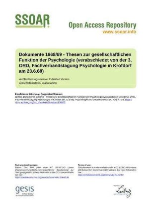Dokumente 1968/69 - Thesen zur gesellschaftlichen Funktion der Psychologie (verabschiedet von der 3, ORD, Fachverbandstagung Psychologie in Krofdorf am 23.6.68)