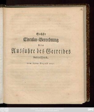 Sechste Circular-Verordnung die Ausfuhre des Getreides betreffend, vom 23ten August 1796