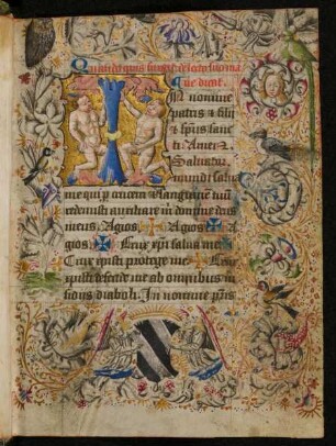 Vollbordürenseite mit historisierter Initiale I (Putten) und bewohnter Blattrankenbordüre