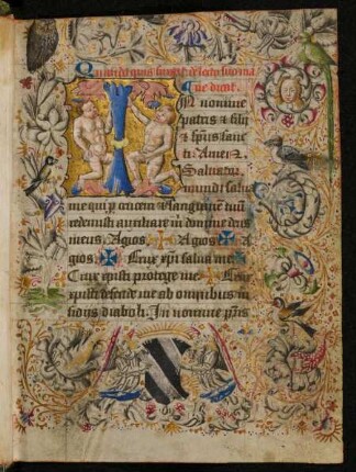 Vollbordürenseite mit historisierter Initiale I (Putten) und bewohnter Blattrankenbordüre