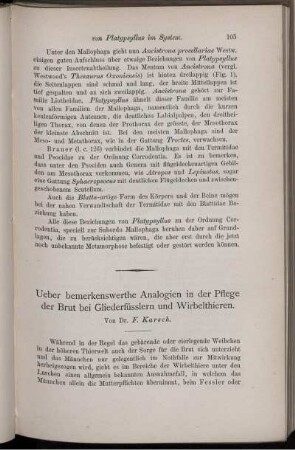 Ueber bemerkenswerthe Analogien in der Pflege der Brut bei Gliederfüsslern und Wirbelthieren.
