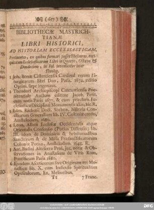 Bibliothecae Mastrichtianae Libri Historici, Ad Historiam Ecclesiasticam.