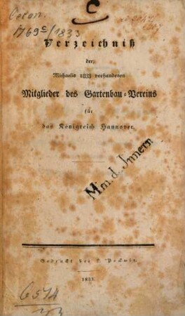 Verzeichniß der Michaelis ... vorhandenen Mitglieder des Gartenbau-Vereins für das Königreich Hanover. 1833