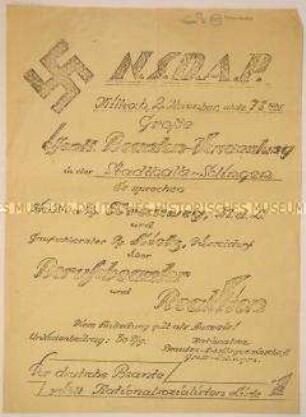 Handgeschriebene hektografierte Einladung der NSDAP zu einer Beamtenversammlung zum Thema "Berufsbeamter und Reaktion"