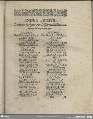 Index Primus Locorum Scripturae in Dissertationibus citaterum & explicatorum