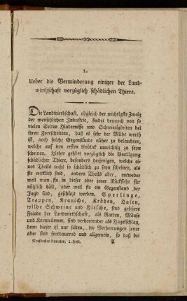 1. Ueber die Verminderung einiger der Landwirthschaft vorzüglich schädlichen Thiere