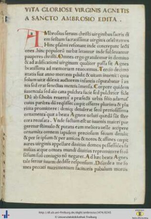 Vita Gloriosae Virginis Agnetis A Sancto Ambrosio Edita.
