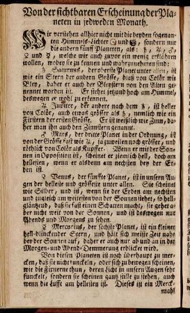 Von der sichtbaren Erscheinung der Planeten in jedweden Monath.