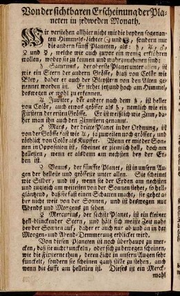 Von der sichtbaren Erscheinung der Planeten in jedweden Monath.
