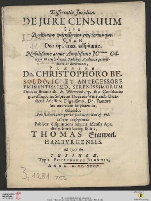 Dissertatio Iuridica. De Iure Censuum Sive Redituum emendorum emptorumque