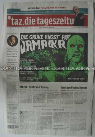 Tageszeitung "taz. die tageszeitung" mit Titel zur Regierungsbildung in Deutschland