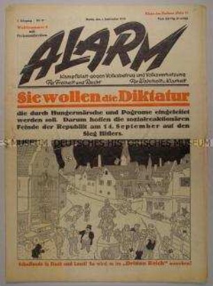 Republikanische Wochenzeitung "Alarm" mit zahlreichen Anti-NS-Karikaturen u.a. zur Reichstagswahl am 14. September 1930