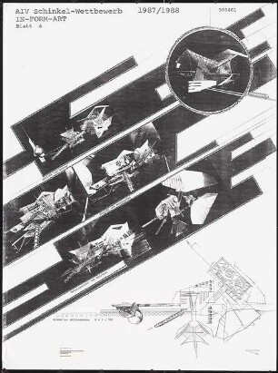 »In-form-art« Kulturinstitut der Zukunft am Kulturforum, Berlin-Tiergarten Schinkelwettbewerb 1988: Ansichten und Grundriss 1:500