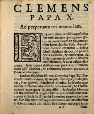 Breve SS.mi D. N. Clementis Papae X. Confirmationis, et novae Concessionis Indulgentiarum ... pro archiconfrater tinate Cincturatorum ... errecta