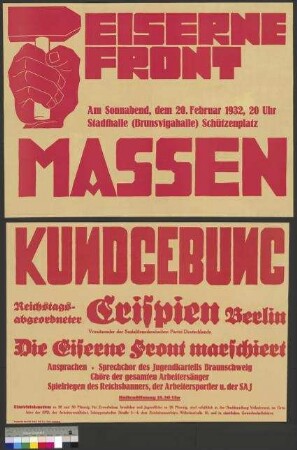 Plakat der Eisernen Front zu einer Kundgebung am 20. Februar 1932 in Braunschweig