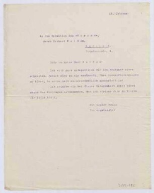 Schreiben an Herbert Walden, Redaktion des Morgen (Brief)