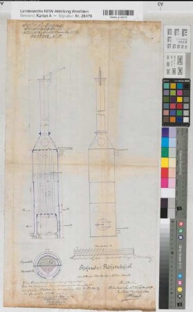 Ennigerloh (Ennigerloh) Grube Bernhard? Kesselanlage stehender Röhrenkessel Grundriß, Schnitt 1884 1 : 15 64 x 34 Zerichnung Bergämter Nr. 5366