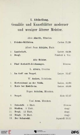 Gemälde und Kunstblätter moderner und weniger älterer Meister (Nr. 1-275)