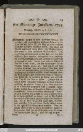 Am Sonntage Invokavit, 1784. Evang. Matth. 4, 1 - 11.
