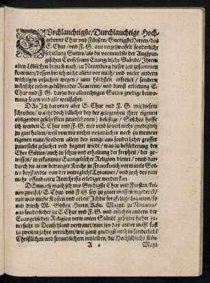 Durchlauchtigste/ Durchlauchtige Hochgeborne Chur und Fürsten/ Gnedigste Herren ...