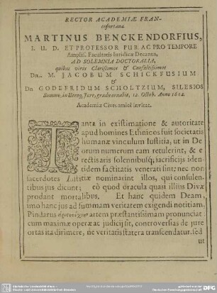 Rector Academiae Francofurtanae Martinus Benckendorfius ...