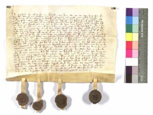 Engelhard von Neudeck verkauft an Kraft von Hohenlohe seinen Teil an der Burg Neudeck; Siegel: Engelhard von Neudeck, Fritz von Neuenstein, Zürch von Gabelstein, Hermann Lecher (abgefallen) und Peter Münzmeister, Schwäbisch Hall (siehe Weller HoU/II/S. 310 Nr. 380).