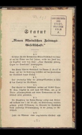 Statut der 'Neuen Rheinischen Zeitungs-Gesellschaft'