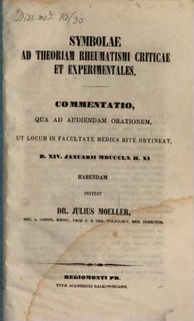 Symbolae ad theoriam rheumatismi criticae et experimentales