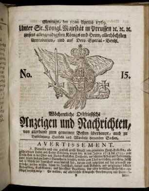 No. 15. Montags, den 10ten Aprilis 1769.