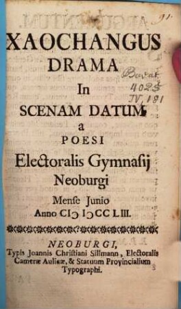 Xaochangus : Drama in Scenam datum a poesi ; [Periocha]