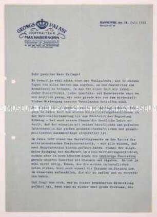 Offener Brief eines Kaffeehaus-Besitzers an seine Kollegen mit Wahlpropaganda für die DNVP zur Reichstagswahl im Juli 1932