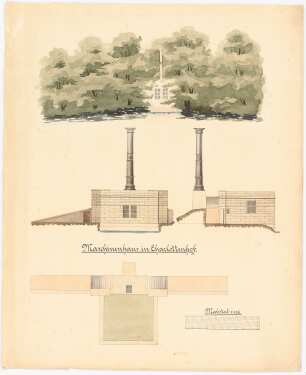 Feldmess- und Zeichenübung an der Teichanlage in Charlottenhof, Potsdam: 1 Ansichtskizze mit Umgebung, 1 Vorderansicht, eine Seitenansicht, 1 Grundriss, 1:100, Maßstabsleiste
