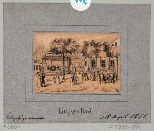 Im Garten des Linckeschen Bades, zwischen Bautzner Straße und Mündung der Prießnitz in Dresden (1776 gegründet, mit Mineralwasserbad, Theater 1858 für Ausflugsgasthof abgerissen)
