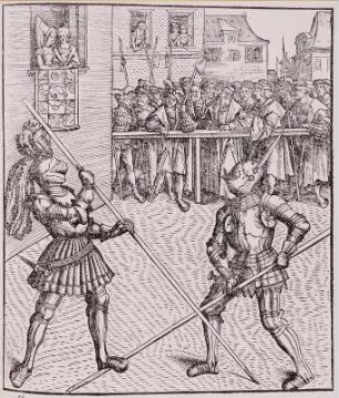 Kaiser Maximilian (Weißkunig) kämpft mit einem Ritter im Fußturnier : Kaiser Maximilian (Weißkunig) kämpft mit einem Ritter im Fußturnier. Holzschnitt; 264 x 225 mm (Blattgröße). 1510-1515. Aus: Maximilian, Kaiser I. Treitzsaurwein, Marx [Bearb.]. Burgkmair, Hans [Ill.]: Der Weiß-Kunig: [eine Erzählung von den Thaten Kaiser Maximilian des Ersten] ; [Zusammenstellung der ersten Probeabzüge von den Holzschnitten aus dem 16. Jahrhundert]. Dresden: SLUB S.B.563