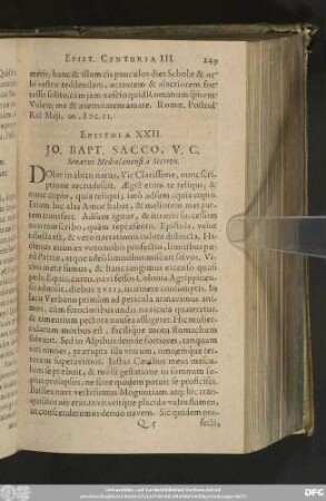 Epistola XXII. Io. Bapt. Sacco, V. C. Senatui Mediolanensi à Secretis.