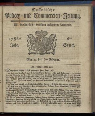 6tes Stueck, Montag den 6ten Februar. 1786