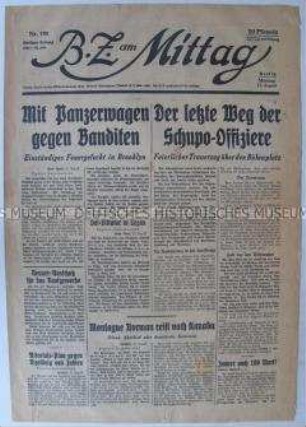 Berliner Tageszeitung "B.Z. am Mittag" u.a. zum Polizistenmord am Bülowplatz