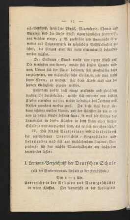 I. Lections-Verzeichniß der Deutschen Schule (als der Vorbereitungs-Anstalt zu der Kunstschule.)