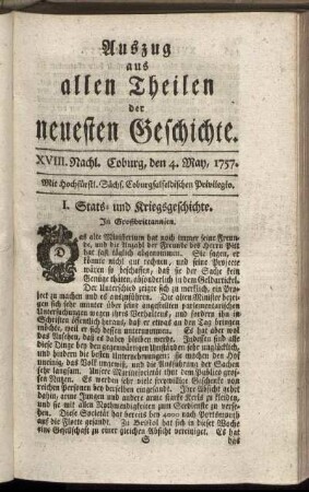 XVIII. Nachl. Coburg, den 4. May, 1757.