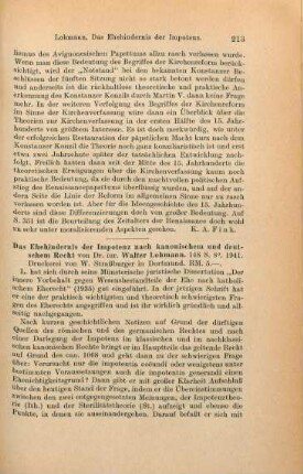 213-215 [Rezension] Lohmann, Walter, Das Ehehindernis der Impotenz nach kanonischem und deutschem Recht