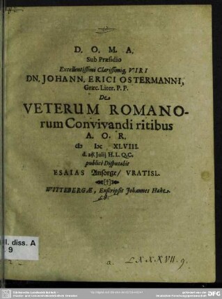 Johann. Erici Ostermanni ... De veterum Romanorum convivandi ritibus