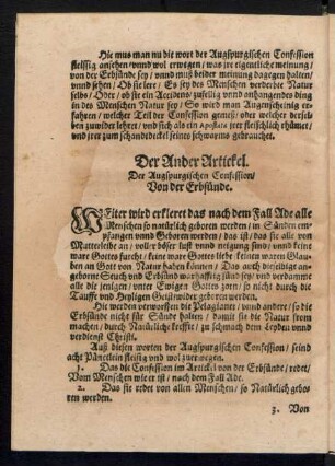 Der Ander Artickel. Der Augspurgischen Confession/ Von der Erbsünde.