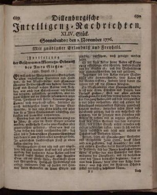 XLIV. Stück: Sonnabends: den 2. November 1776.