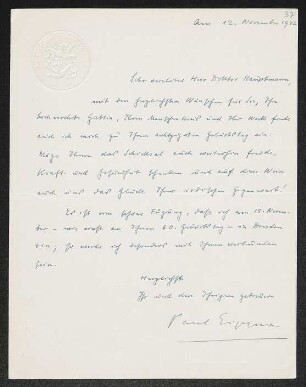 Brief von Paul Eipper an Gerhart Hauptmann