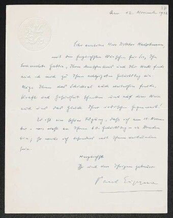 Brief von Paul Eipper an Gerhart Hauptmann