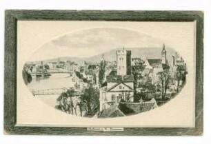 "Panorama" - Gesamtansicht, Blick vom Rosenberg auf Neckar, Eiserner Steg, Götzenturm, südwestliche Innenstadt (Zeichnung)