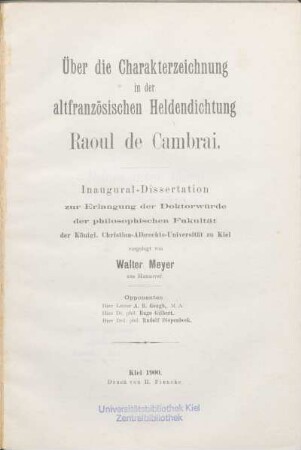 Über die Charakterzeichnung in der altfranzösischen Heldendichtung Raoul de Cambrai